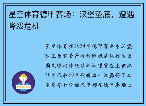 星空体育德甲赛场：汉堡垫底，遭遇降级危机